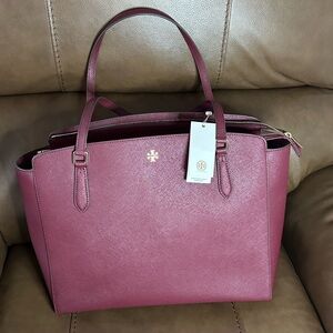 Tory Burch Women's Emerson Burgundy  Tote Bag purse zippered new with tag